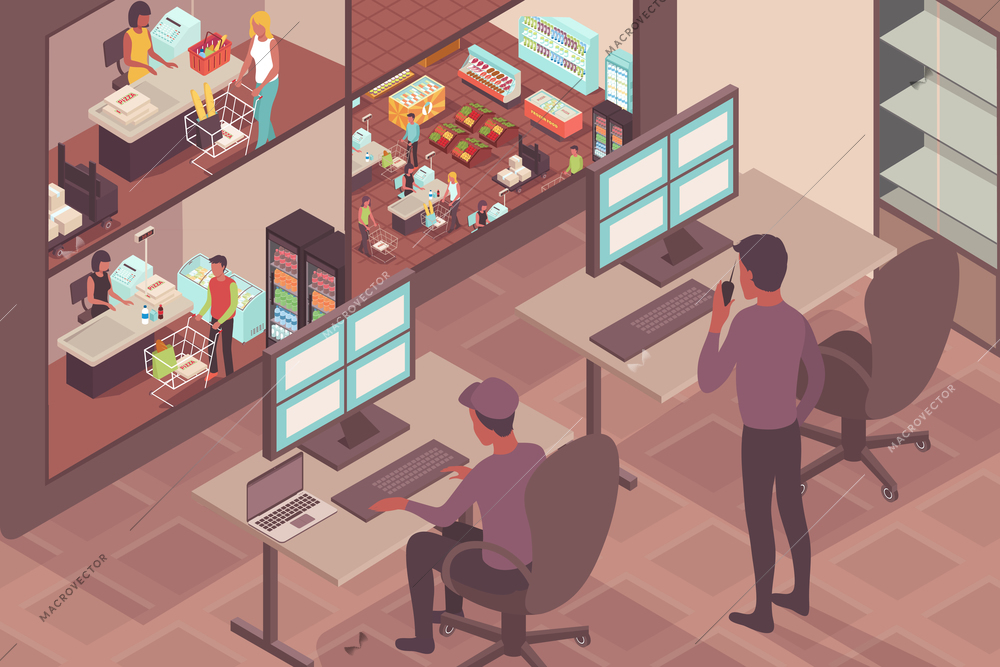 Supermarket security background with guards watching visitors of store on monitor screen isometric vector illustration