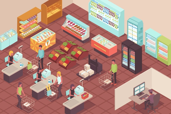 Supermarket isometric background with buyers paying for their purchases at checkout vector illustration