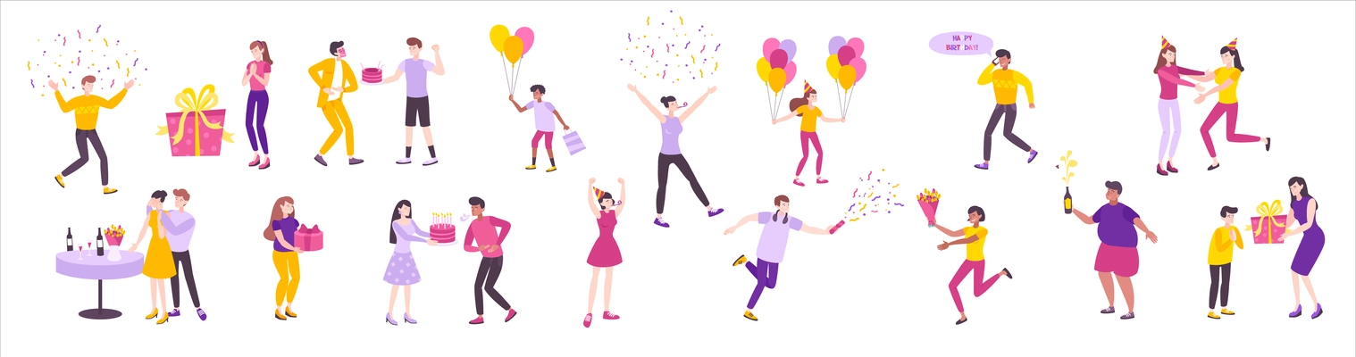 Happy people at birthday celebration colorful icons set isolated on white background flat vector illustration