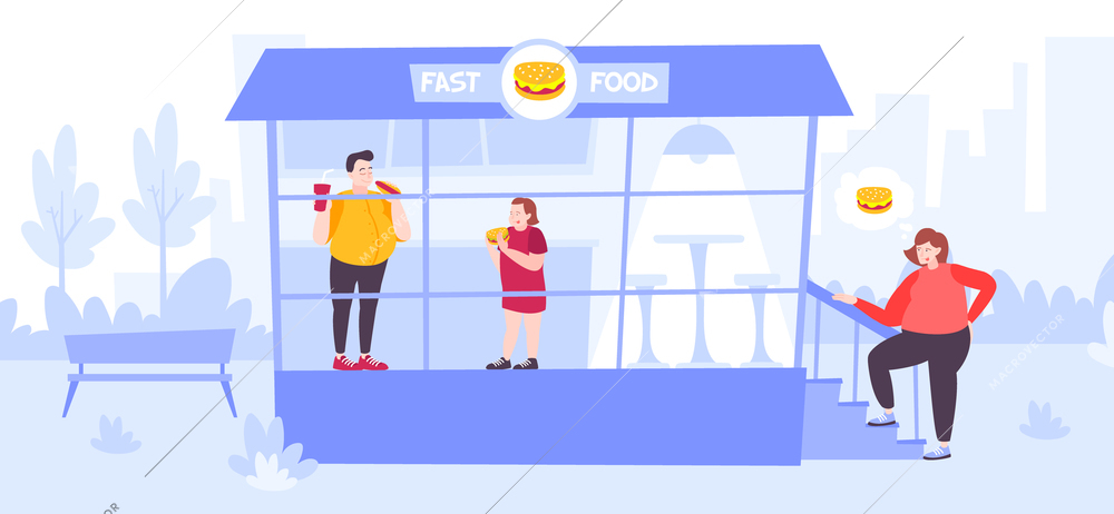 People with excess weight and health problems eating at fast food restaurant flat vector illustration