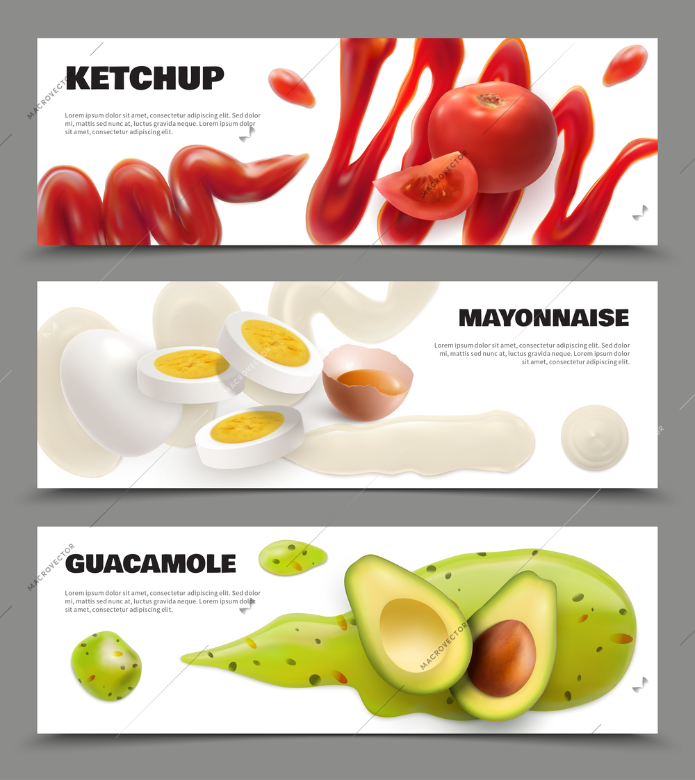 Sauce spots realistic horizontal banners set with guacamole and ketchup isolated vector illustration