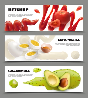 Sauce spots realistic horizontal banners set with guacamole and ketchup isolated vector illustration