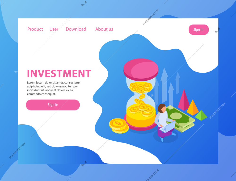 Investment isometric landing page web site design with sand clock golden coins clickable links and buttons vector illustration