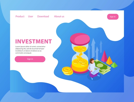 Investment isometric landing page web site design with sand clock golden coins clickable links and buttons vector illustration