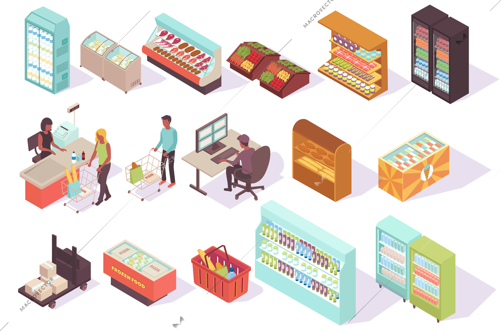 Supermarket isometric collection with isolated images of store freezers racks with shadows and characters of customers vector illustration