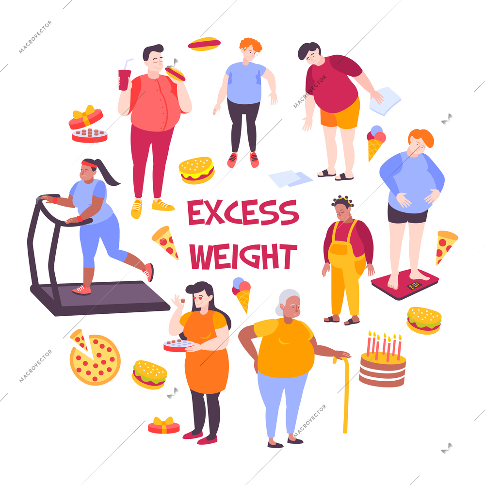 Flat design composition with fat people eating junk food and doing sports on white background vector illustration