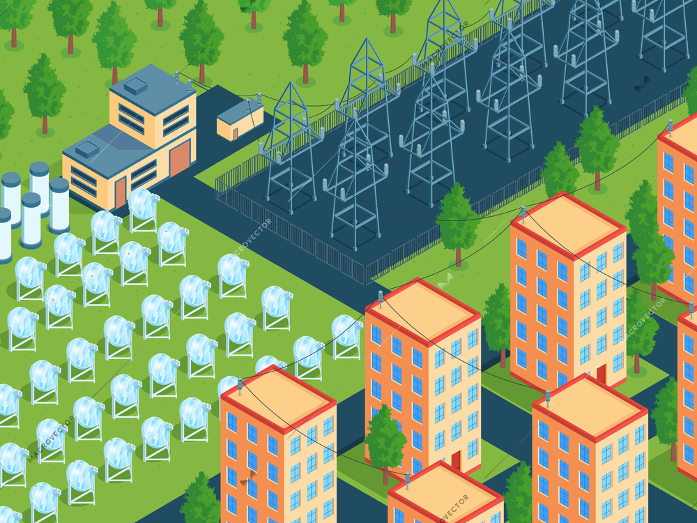 Isometric green energy horizontal composition with town block and field of solar arrays with power lines vector illustration
