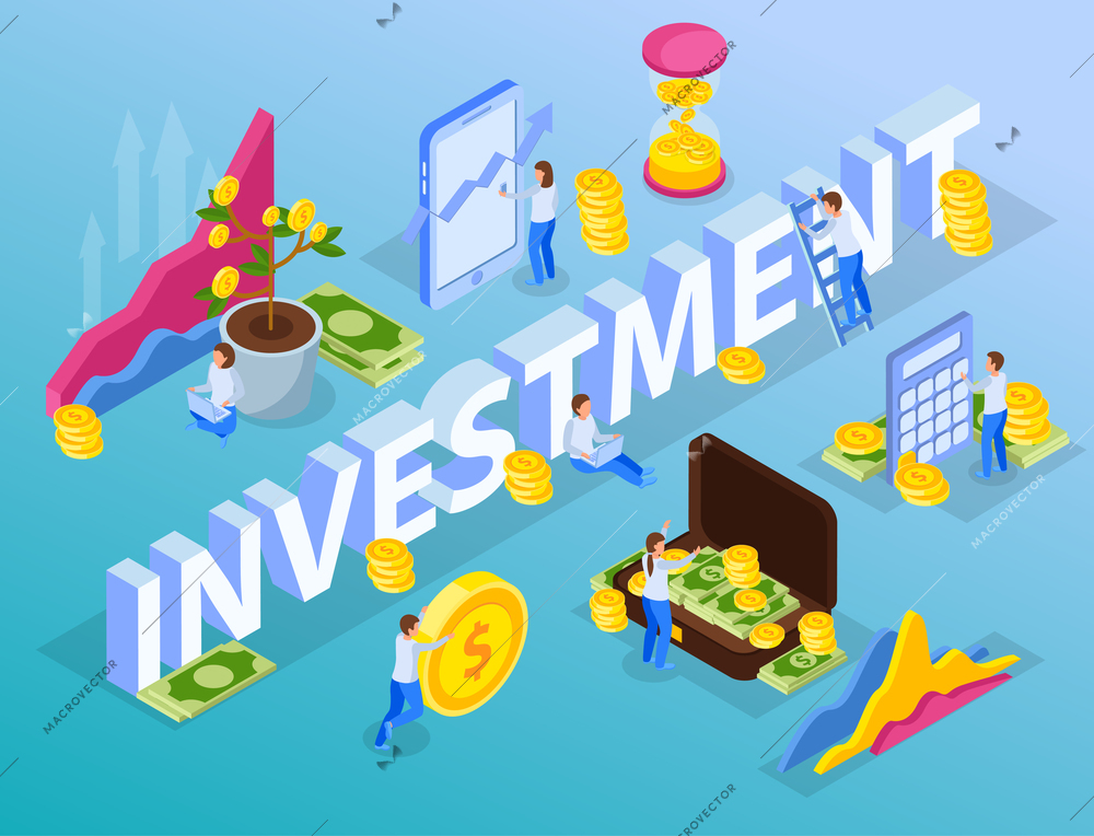 Investment isometric composition with 3d text surrounded by conceptual images with human characters coins and banknotes vector illustration