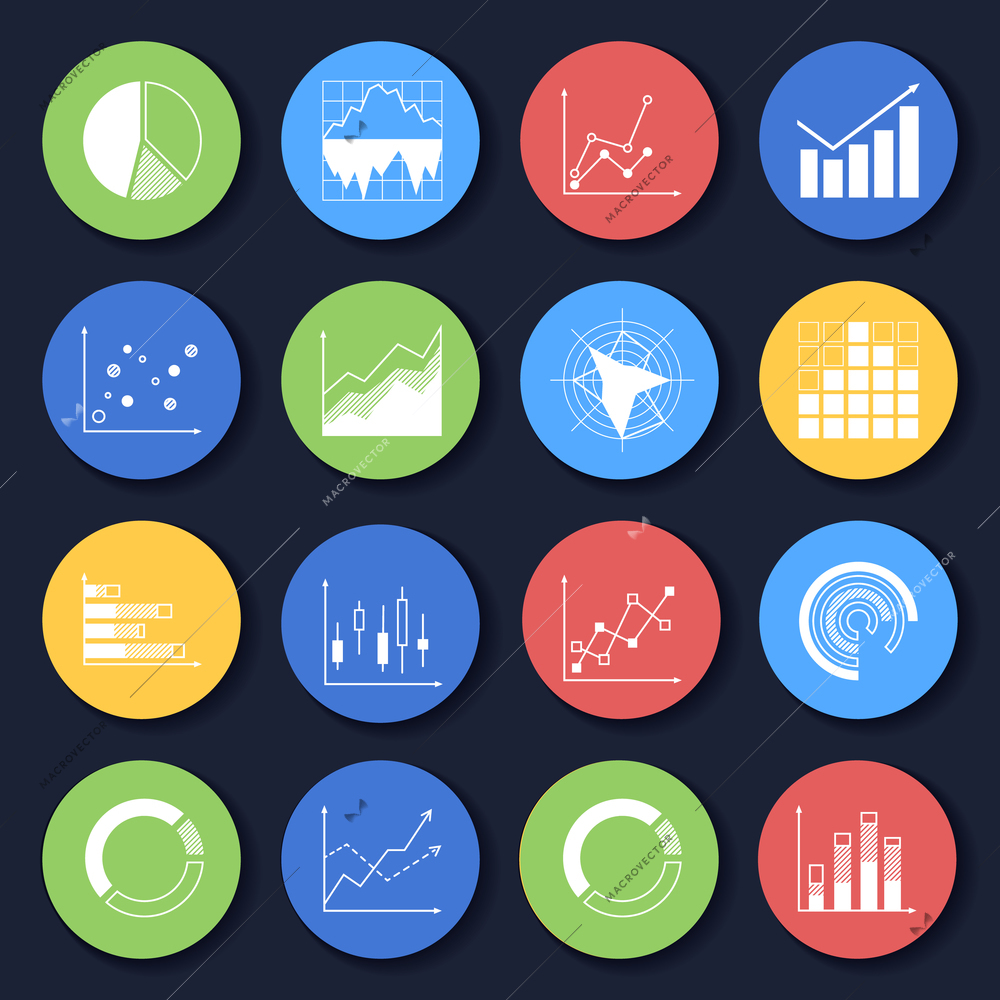 Charts bar diagrams graphs icons set in flat style on color circles vector illustration