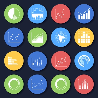 Charts bar diagrams graphs icons set in flat style on color circles vector illustration