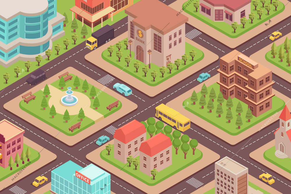 City isometric composition with landscape view of town blocks with squares trees modern buildings and cars vector illustration