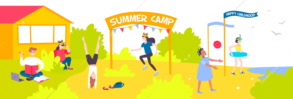 Flat banner with cheerful kids spending vacation in summer camp vector illustration