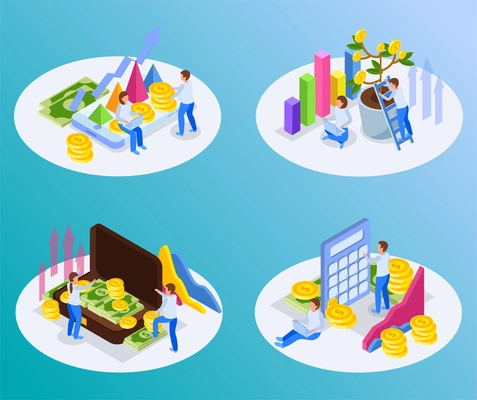 Set of four investment isometric image round compositions with circle platforms people infographic icons and money vector illustration