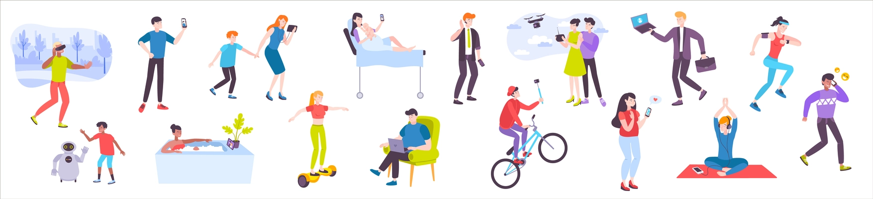 Flat icon set with people using laptop segway headphones drone tablet playing with robot on white background vector illustration