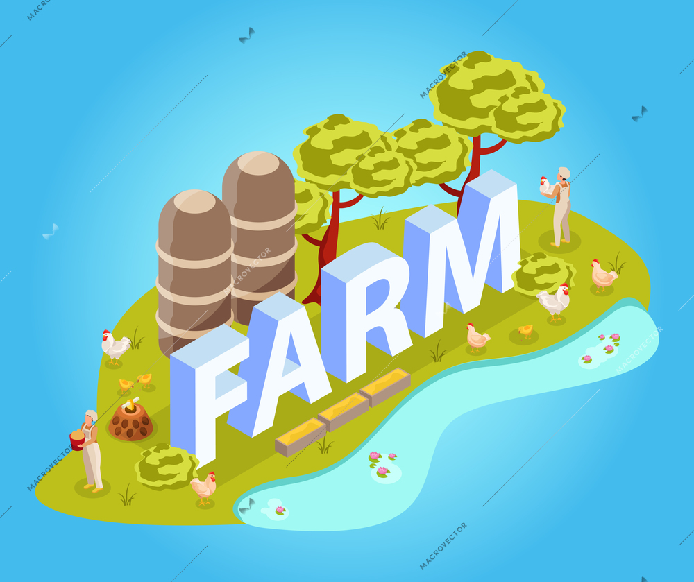 Chicken farm isometric composition with images of people animals on grass and farmstead with 3d text vector illustration