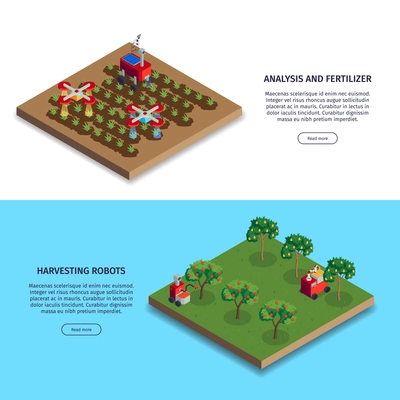 Isometric smart farm banners set with buttons editable text and plantations with fertilizing and harvesting robots vector illustration
