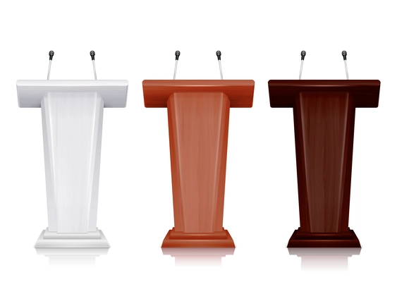 Realistic set of three colored tribunes with microphones for briefing conference or lecture isolated vector illustration