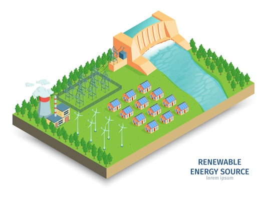 Isometric green energy composition with view of power infrastructure with hydroelectric generating station and wind turbines vector illustration