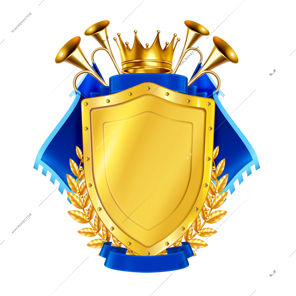 Heraldic golden shield decorated by blue pennants king crown and horns realistic vector illustration