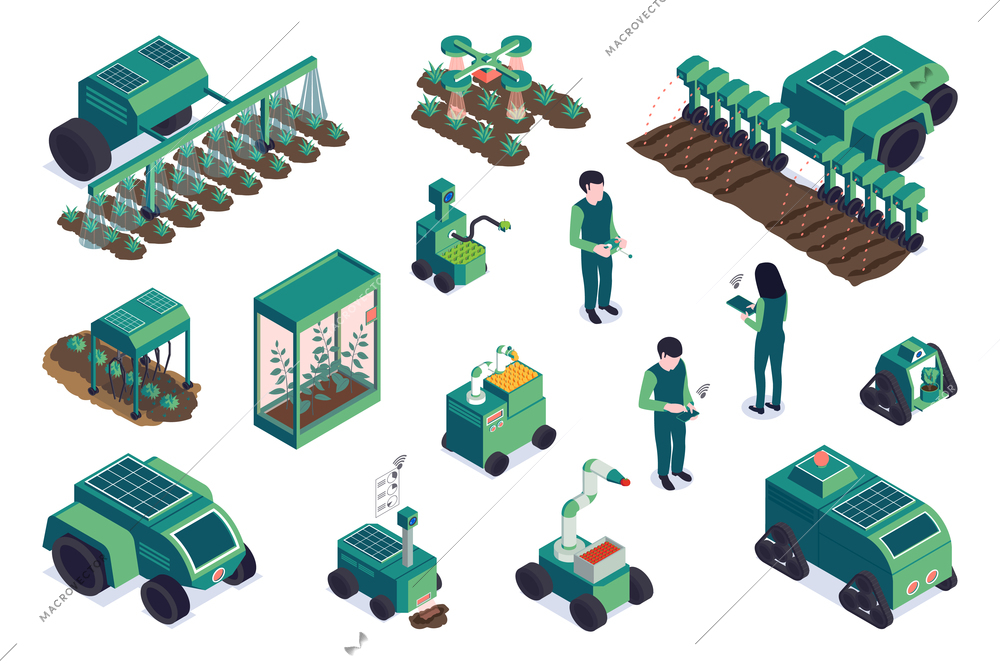 Isometric smart farm set with isolated human characters tractors and robotic rural machinery on blank background vector illustration