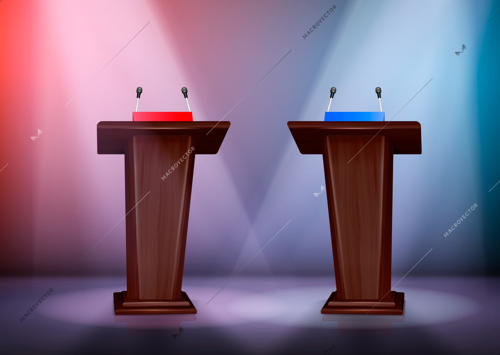 Two tribunes for debate on stage illuminated by floodlights realistic colored composition 3d vector illustration