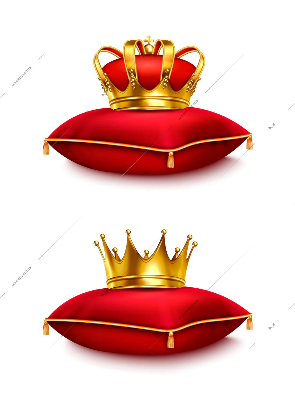 Two golden crowns on red ceremonial pillows isolated on white background realistic vector illustration