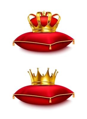 Two golden crowns on red ceremonial pillows isolated on white background realistic vector illustration