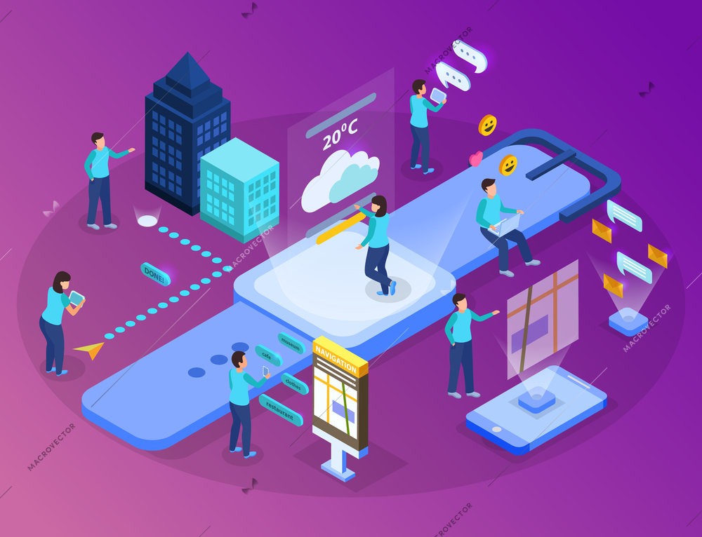 Virtual augmented reality information exchange visualization isometric background composition with chatting on virtual screen people vector illustration