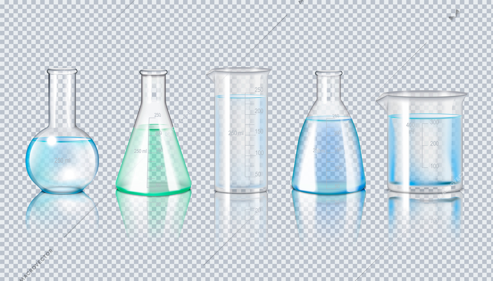 Laboratory glassware realistic set of flask beaker retort on transparent background isolated vector Illustration
