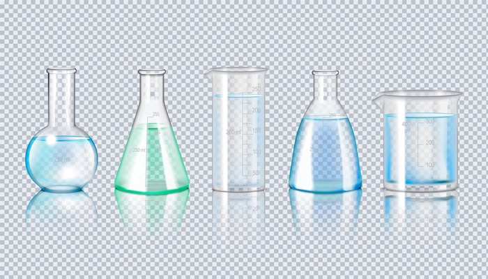 Laboratory glassware realistic set of flask beaker retort on transparent background isolated vector Illustration