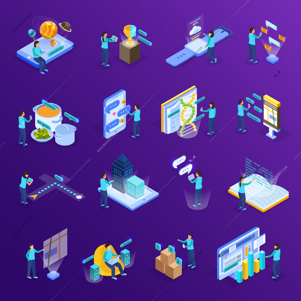 Virtual augmented reality isometric icons set with scientific information education computer simulated objects purple background vector illustration