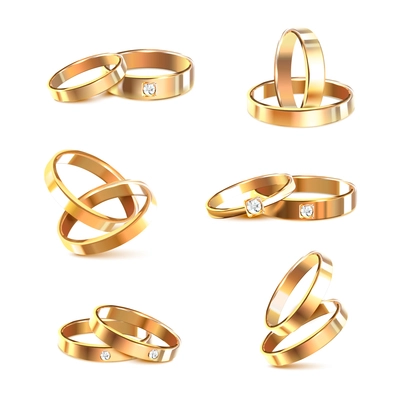 Six pare of golden elegant wedding rings decorated with with diamonds or zircons isolated on white background realistic vector Illustration