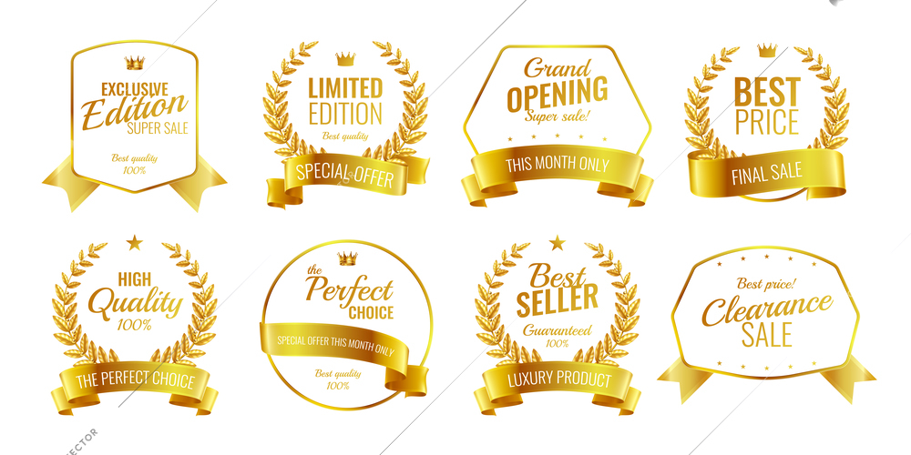 Ribbons emblems realistic set of eight isolated luxury logos with editable text captions and different shapes vector illustration