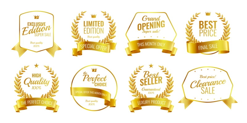 Ribbons emblems realistic set of eight isolated luxury logos with editable text captions and different shapes vector illustration