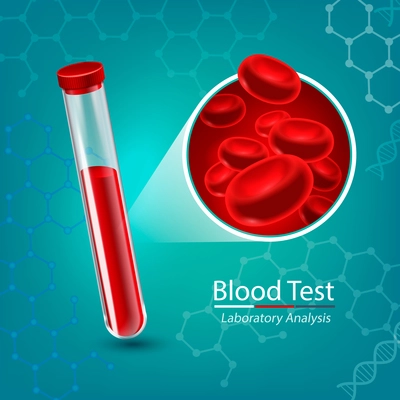 Blood test composition with medical test tube and red blood cells flowing through vessel  vector illustration