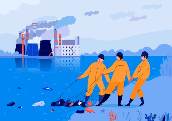 Pollution background with three man taking rubbish out of pond near plant flat vector illustration