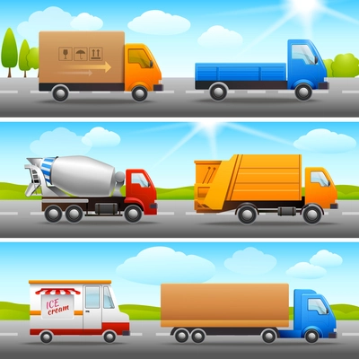 Realistic truck lorry transport van auto set on road outdoor background vector illustration.