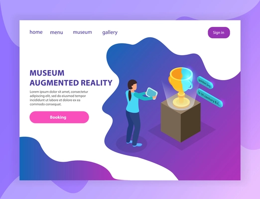 Augmented reality museum gallery information isometric landing page with visitor visualizing antiek jug using tablet vector illustration