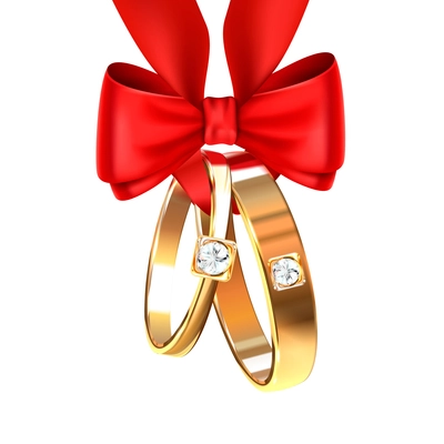 Two gold wedding rings tied with red ribbon bow realistic composition on white background vector Illustration