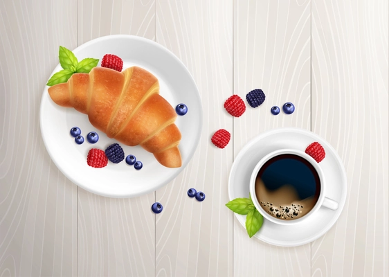 Croissant coffee breakfast realistic composition with top view of wooden table with plates berries and cup vector illustration