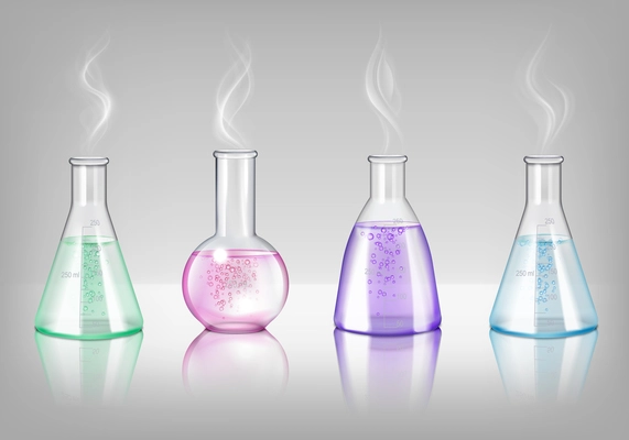 Laboratory glassware of different shapes realistic set of flasks and retorts filling colored potion isolated vector illustration