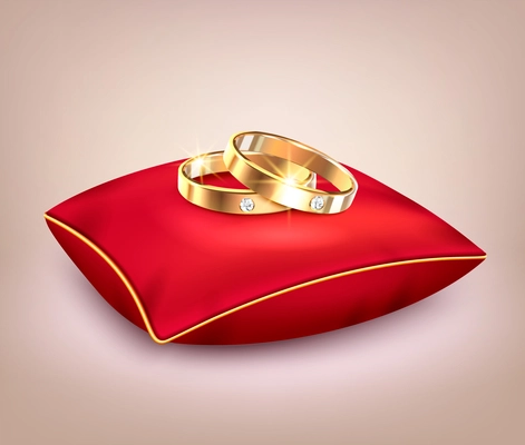 Two wedding golden rings with diamonds on red ceremonial pillow realistic background vector illustration