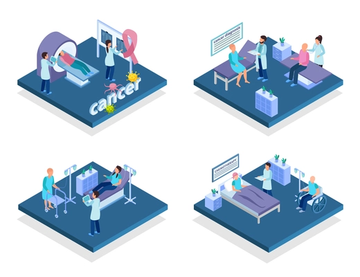 Cancer control screening diagnosis treatment concept 4 isometric compositions with mri scan chemotherapy infusion isolated vector illustration