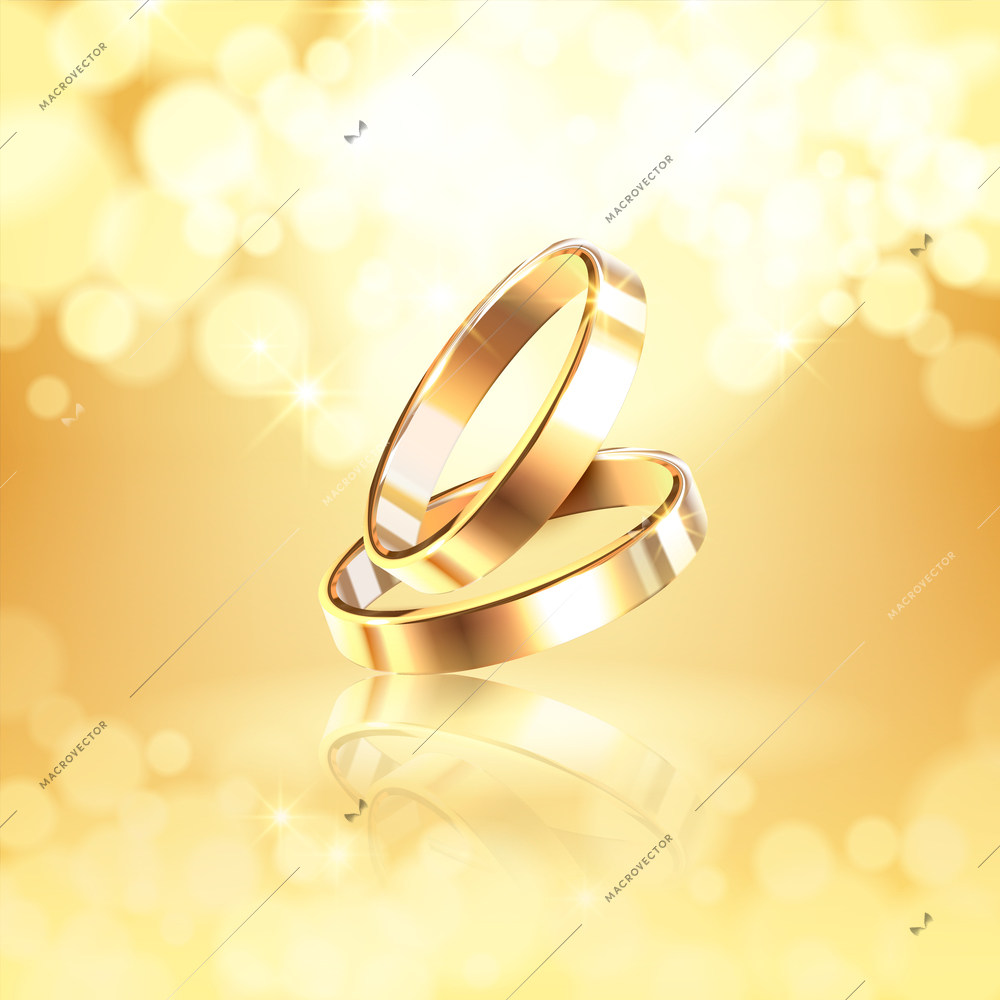 luxurious golden composition with two glossy wedding rings on shining background realistic vector Illustration