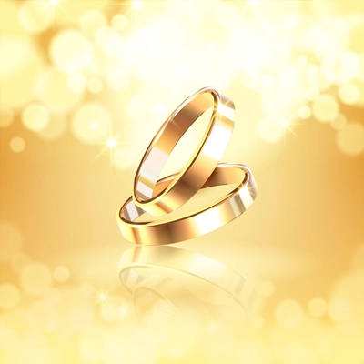 luxurious golden composition with two glossy wedding rings on shining background realistic vector Illustration