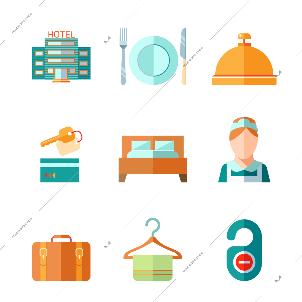 Set of hotel bell key bed luggage chambermaid icons in flat color style vector illustration