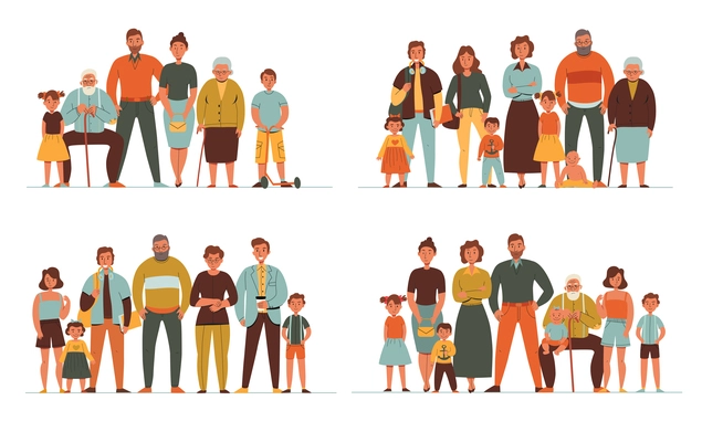 Colorful flat 2x2 set with different generations of people parents grandparents children isolated vector illustration