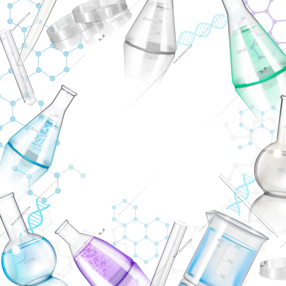 Laboratory glassware realistic background with frame from flasks test tubes and retorts on smooth reflective surface vector Illustration