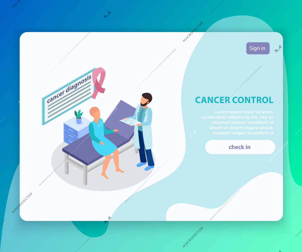 Cancer control oncological center isometric landing page with patient on medical couch in examination room vector illustration