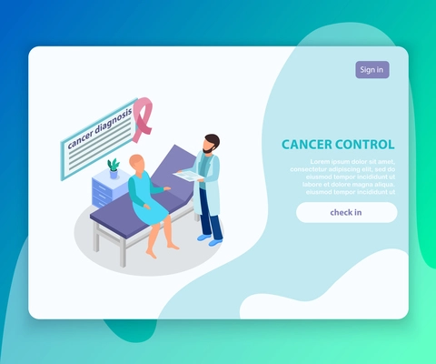 Cancer control oncological center isometric landing page with patient on medical couch in examination room vector illustration